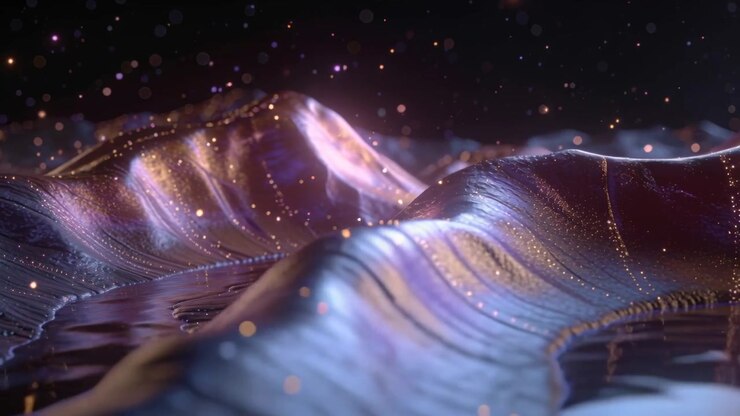 Pushing camera forward, lowering, revealing metallic ridges and stream to show seams in starry void