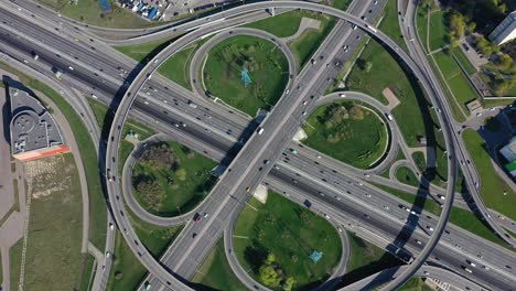 aerial view of a freeway intersection traffic trails in moscow.