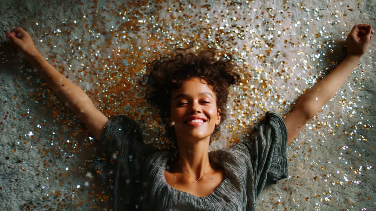 Una gioiosa celebrazione della vita: una giovane donna irradia felicità mentre è sdraiata su una superficie scintillante di glitter, vivendo appieno il momento con le braccia distese e un sorriso luminoso
