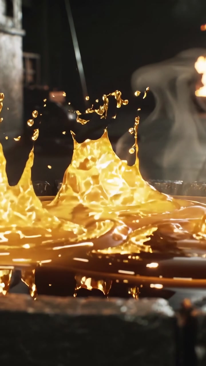 Vertical video: Dripping crucible rim droplets hitting glowing hot pool on bench, creating ripples