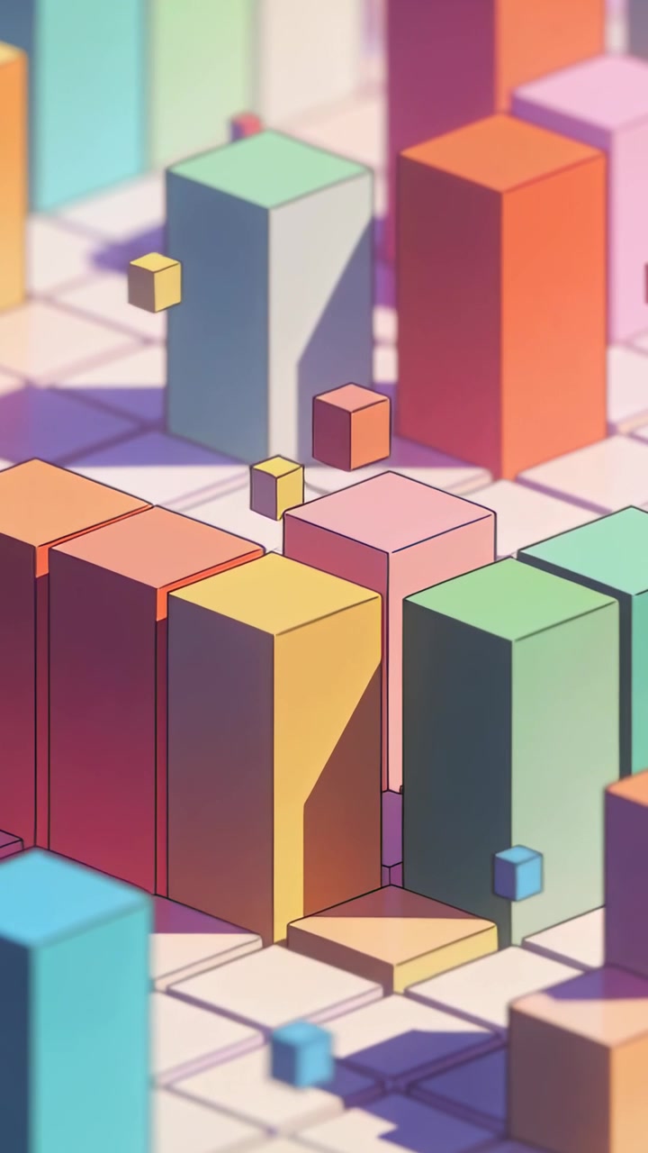 Vertical video: Camera shifting, small cubes moving to pastel prisms on tiled grid, aligning faces