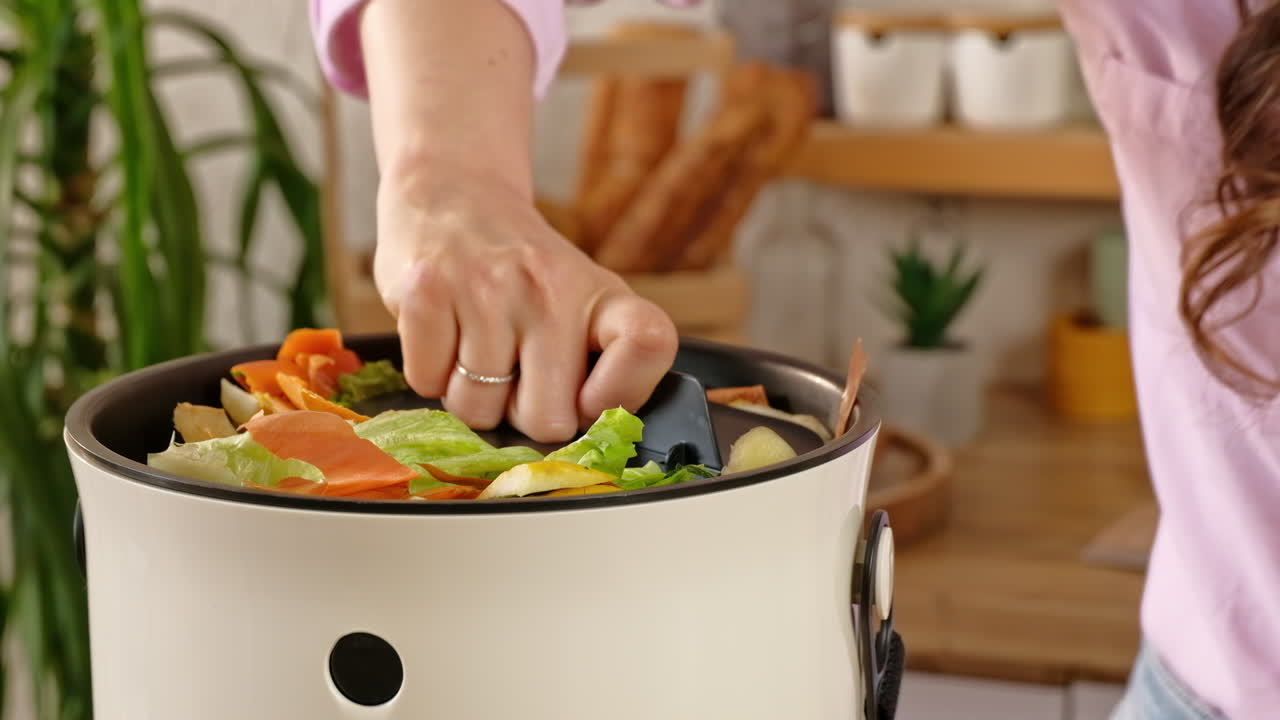 Woman recycling organic waste by composting vegetables peels in the Bokashi in the kitchen