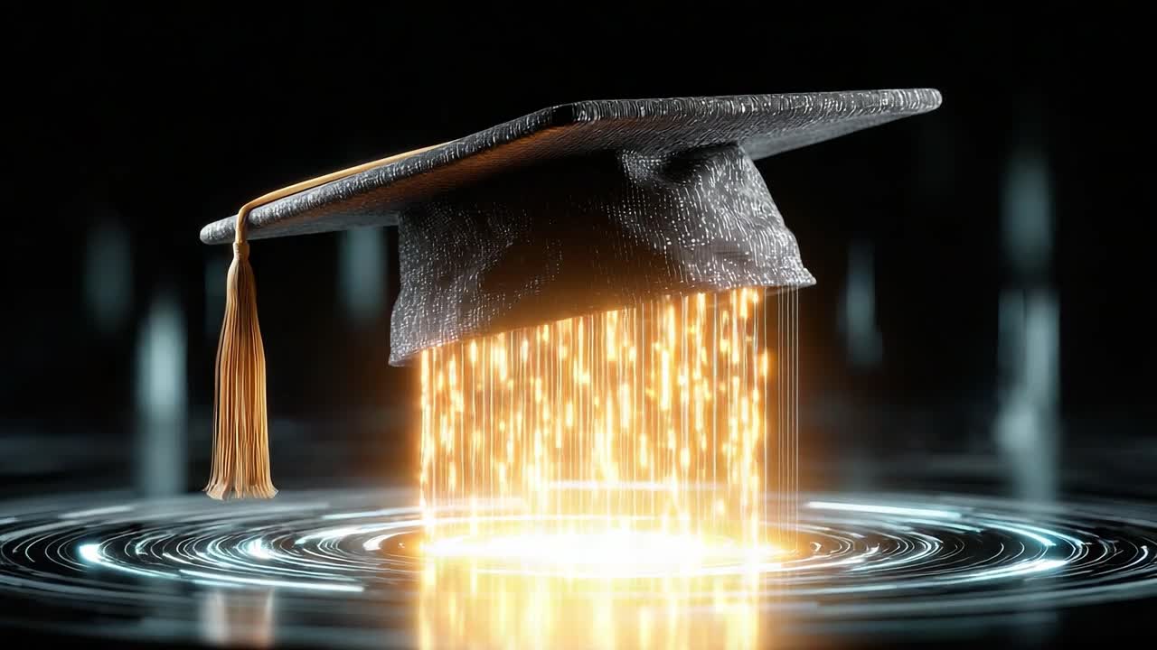 Transformative Graduation: A Virtual Cap Symbolizing Achievement, Knowledge, and Future Potential Illuminated Through Dynamic Light and Energy