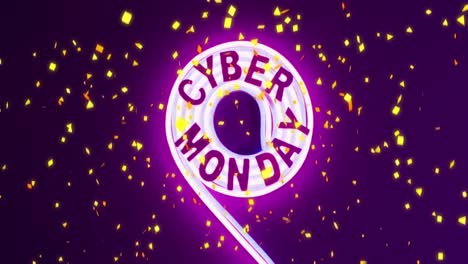 Animation-Von-Konfetti-über-Cyber-Monday-Text-Auf-Neonring-Mit-Dunkelviolettem-Hintergrund