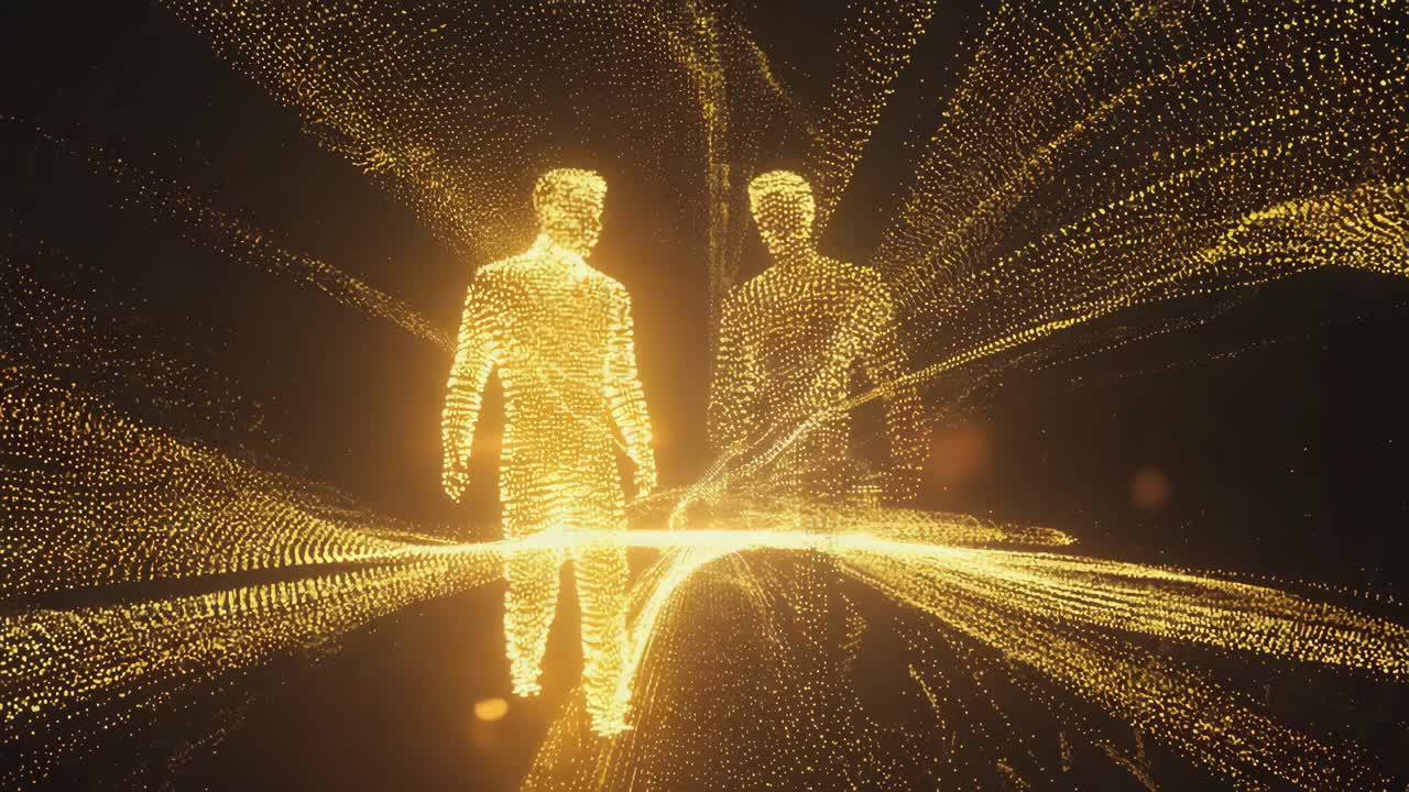 Digital Connection: Two Glowing Human Figures in a Particle Network