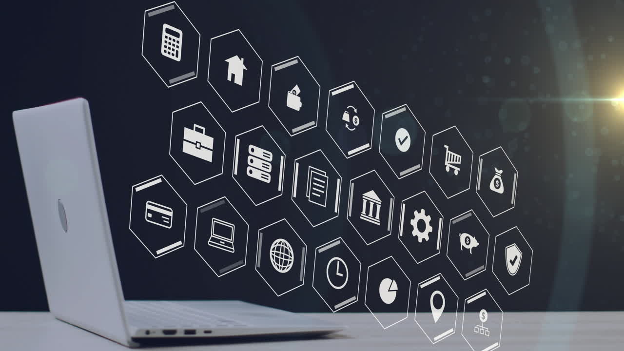 animación de iconos de negocios sobre portátil y senderos de luz en fondo negro