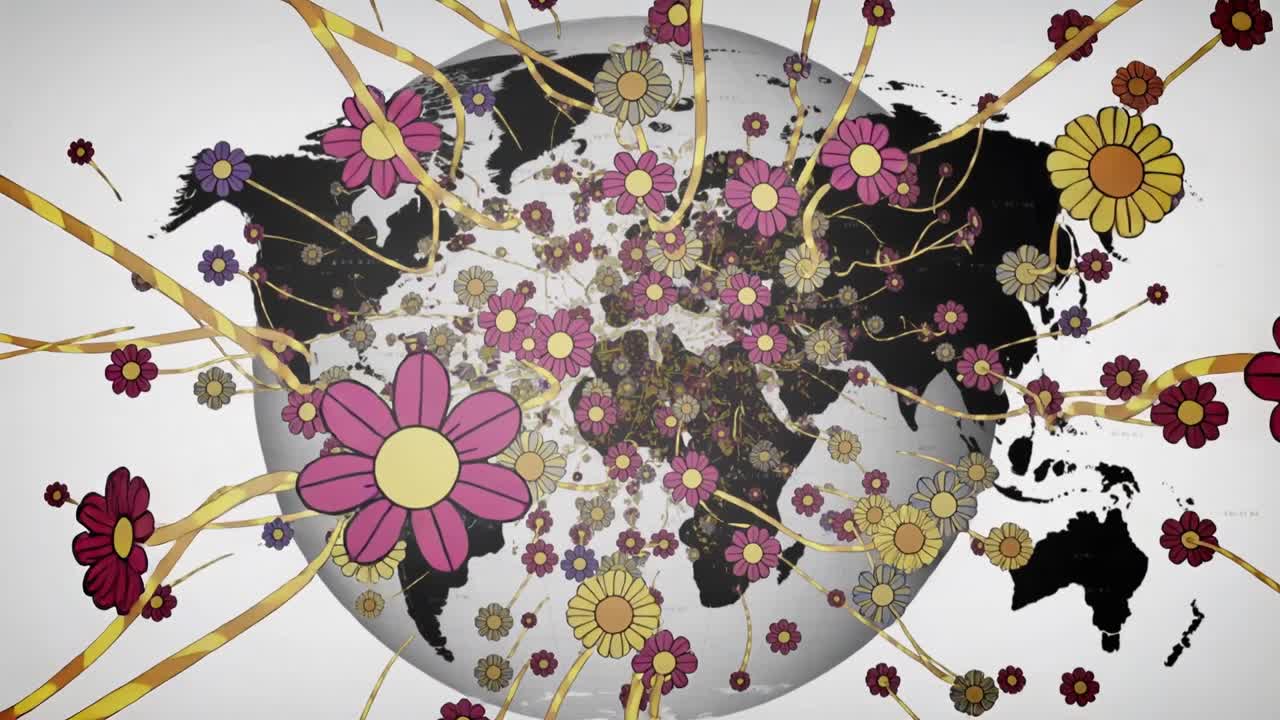 Un centro che, irradiando dall'Europa o dall'Africa, diffonde nel mondo una mappa nera, fiori che sbocciano e viticci dorati