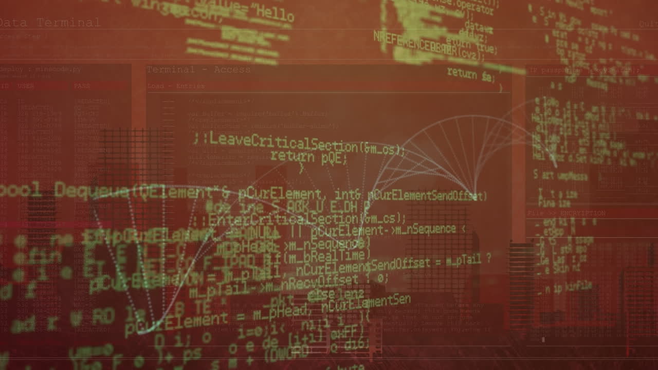 Animation of data processing over orange background, dna and cityscape