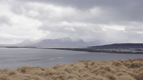 Üppige-Isländische-Landschaft-Mit-Wiese,-See-Und-Bergen-Im-Hintergrund