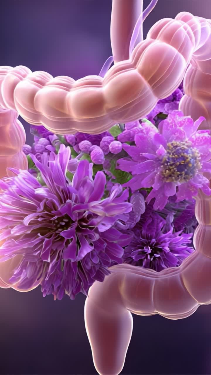 A Stunning Visual Harmony of the Human Gut and Vibrant Purple Flora, Representing the Connection Between Digestive Health and Nature's Beauty