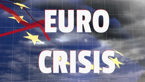 Euro-Krisentext-Und-Rote-Diagramme-Bewegen-Sich-über-Der-EU-Flagge-Vor-Dunklem-Himmel