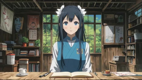 anime girl at a wooden desk with open book