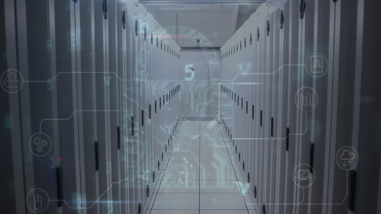 Animation of cyber attack warning over server room