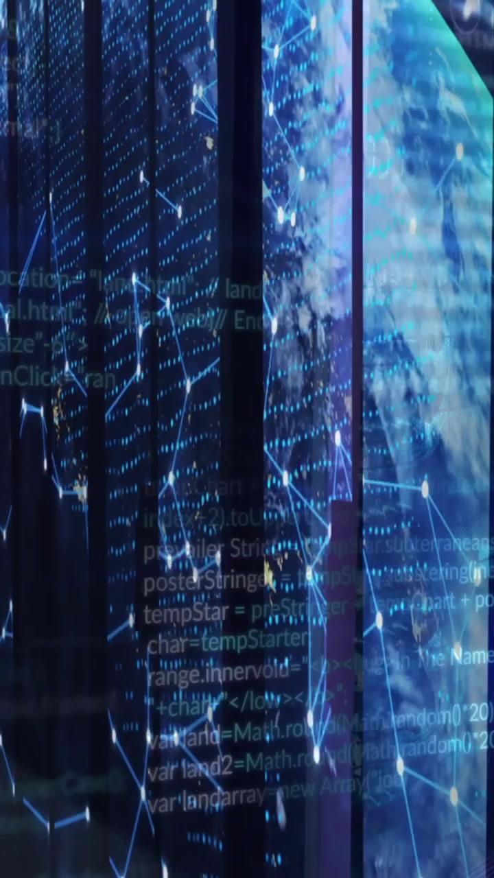 Animation of data processing and globe over server room