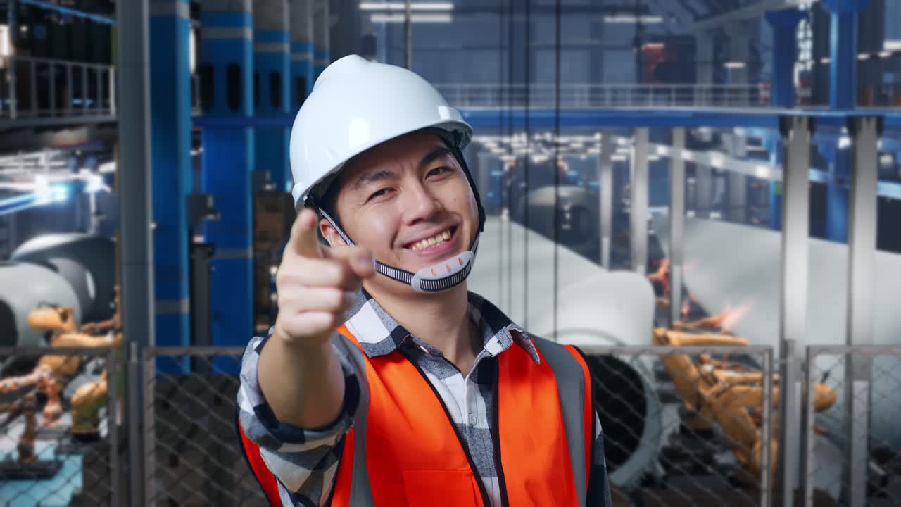 공장 노동자가 가리키고 있습니다.