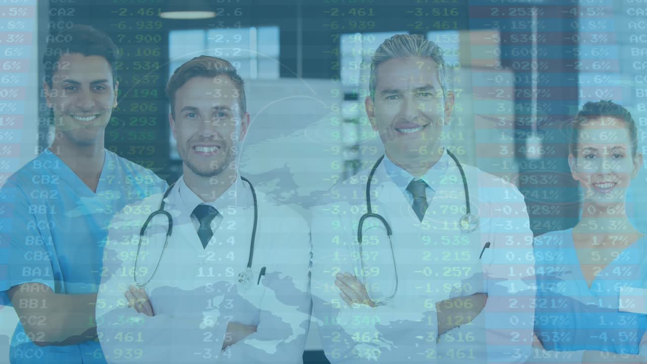 Data processing over portrait of team of medical health workers showing thumbs up at the hospital