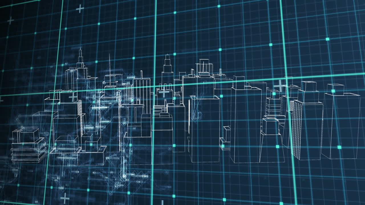 animazione di paesaggio urbano digitale 3d che gira sulla griglia