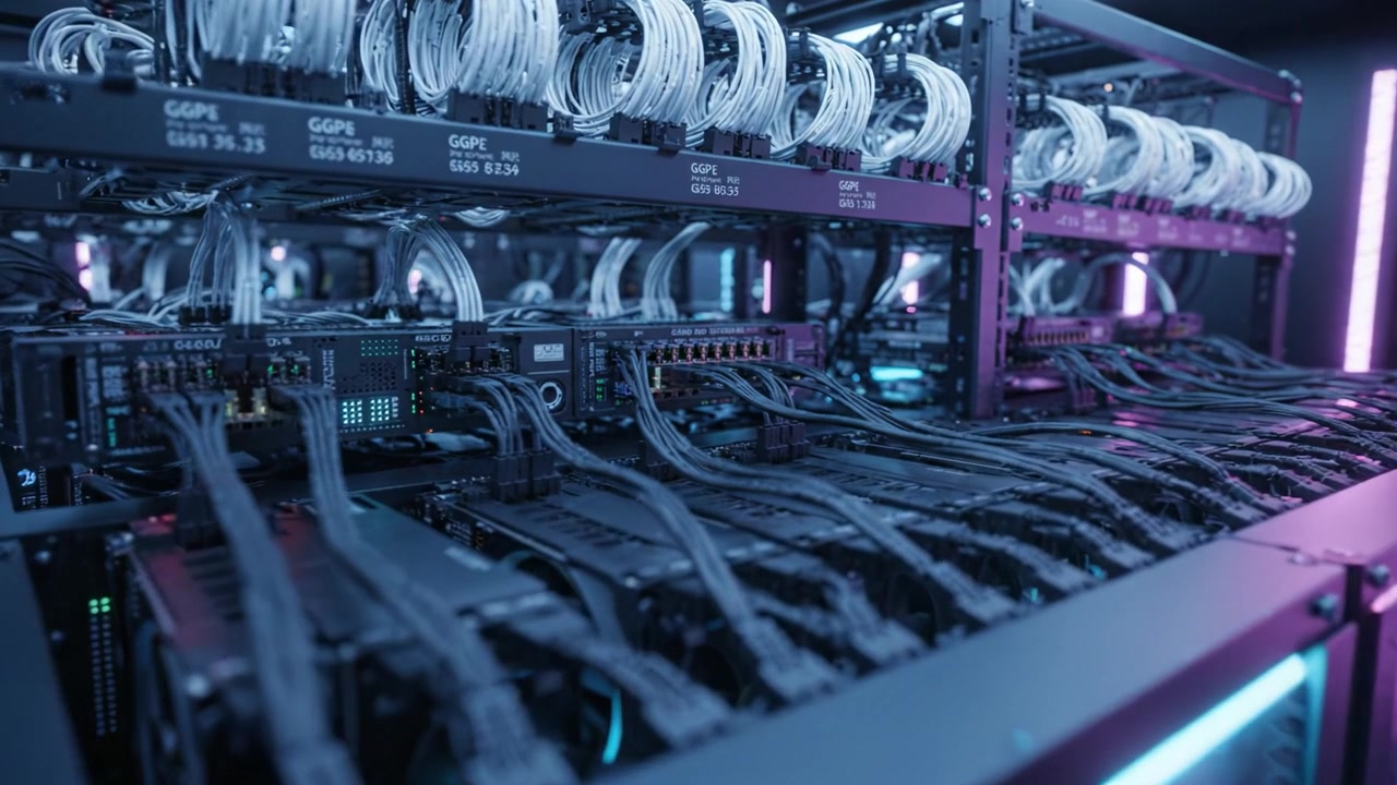 A High-Tech Data Center with Illuminated Racks Showcasing Advanced Data Processing and Connectivity Equipment in a Modern Computing Environment