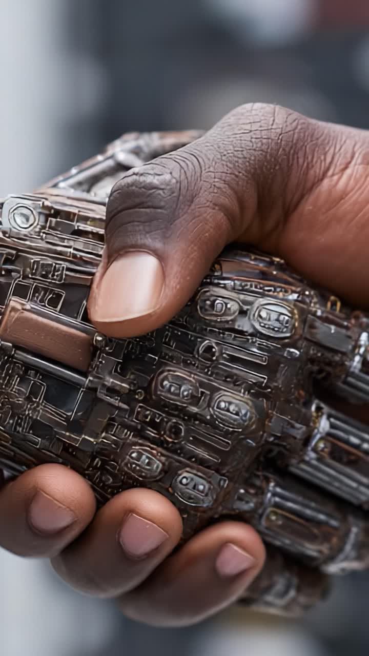 Primo piano di una mano che tiene una sfera robotica futuristica, che unisce il tocco umano alla tecnologia avanzata in un'intrigante rappresentazione dell'innovazione