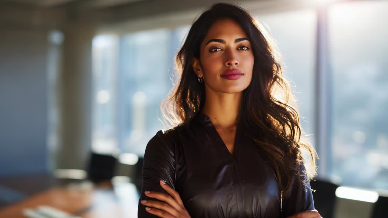 Donna sicura di sé con capelli lunghi e un elegante abito nero in piedi su uno sfondo di ufficio illuminato dal sole, che emana professionalità e compostezza, pronta a superare le sfide con grazia e determinazione