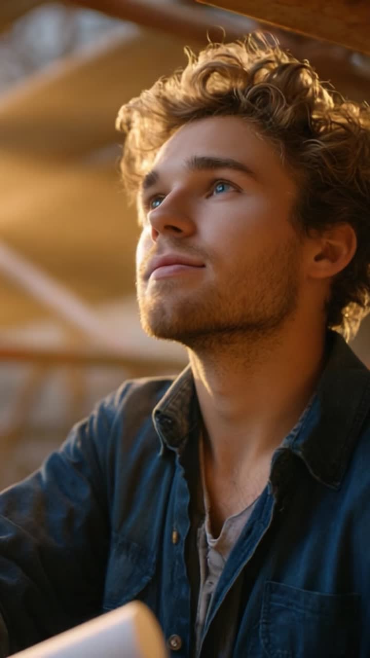 Contemplative Young Man in Soft Light: Emotion Reflection, Curly Hair, Thoughtful Expression, Cozy Atmosphere, Introspective Moment Captured Beautifully