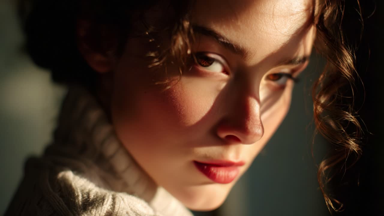 A captivating close-up of a young woman with striking features, beautifully illuminated by soft light, showcasing her elegant expression and natural beauty in a serene environment