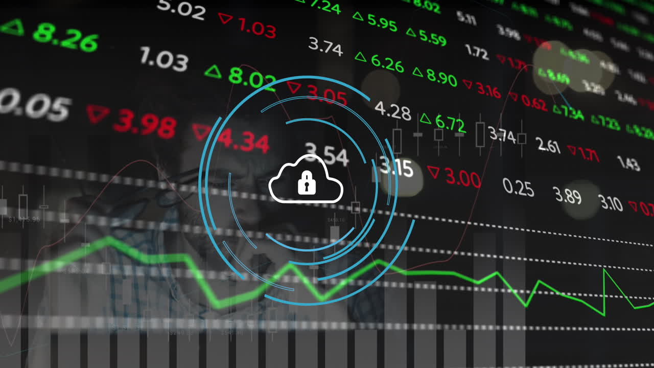 animación del procesamiento de datos del mercado de valores contra un hombre caucásico cansado trabajando hasta tarde en la oficina.