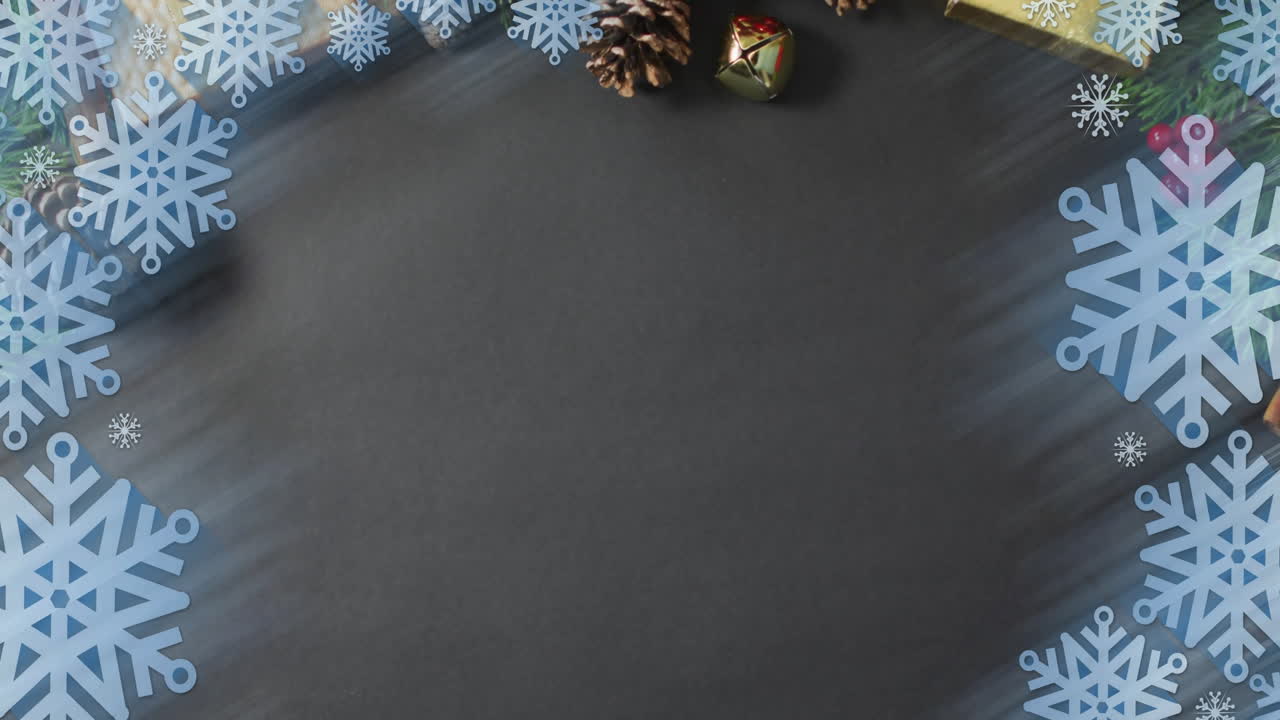 Animation of christmas decorations with copy space over snowflakes on grey background