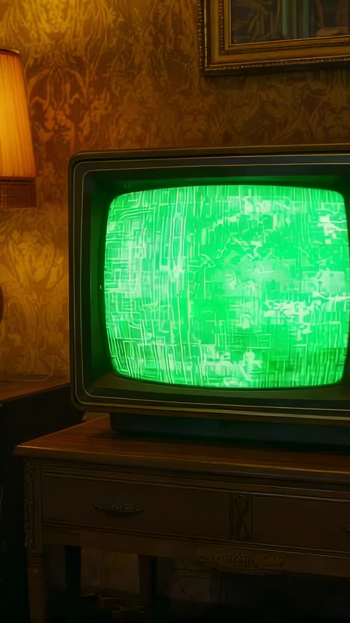 Video verticale: registrazione dello sfarfallio statico verde di un televisore CRT su supporto a casa con lampada accesa per l'archiviazione