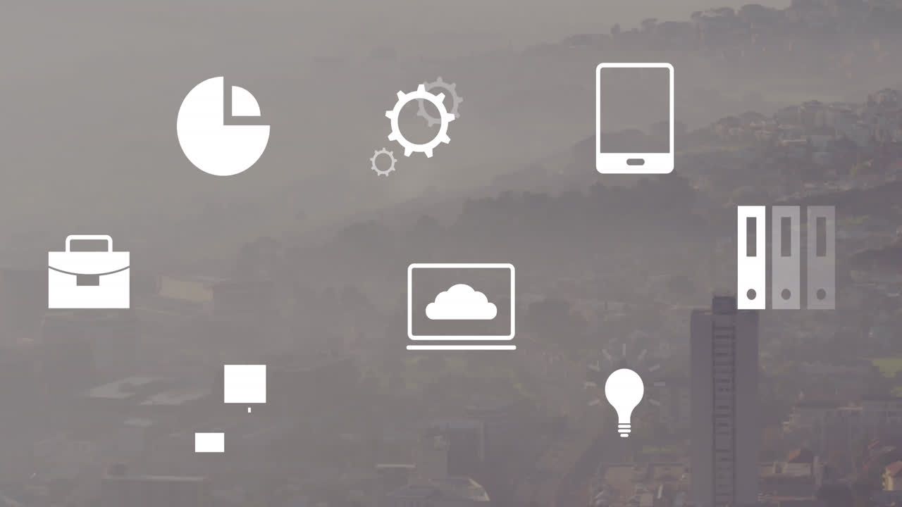 Animation of financial icons and data processing over cityscape