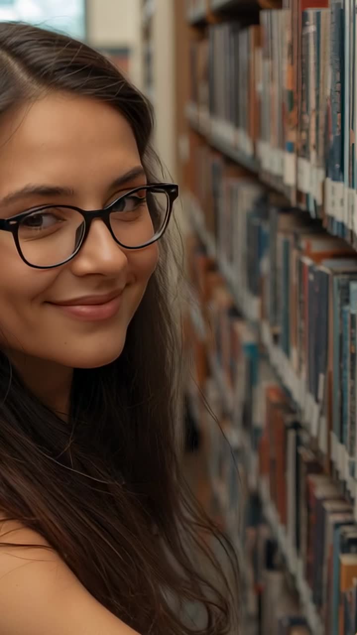 Video verticale: donna con gli occhiali che esamina libri in biblioteca, alla ricerca di un libro di testo, spazio per il testo