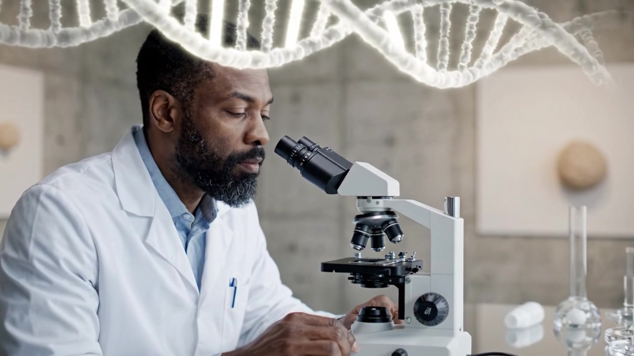 A focused scientist in a lab coat examines microscopic samples under a microscope, exploring the intricacies of DNA in a modern research environment.