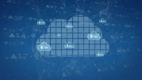 Animation-Von-Pfeilen-Und-Wechselnden-Zahlen-In-Wolken,-Quadrate-Bilden-Wolken-über-Handelstafel