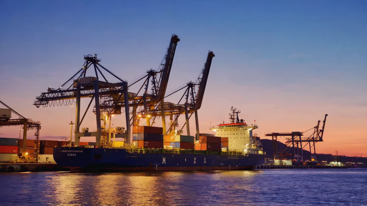 Container Ship Docked at Port with Cranes at Twilight