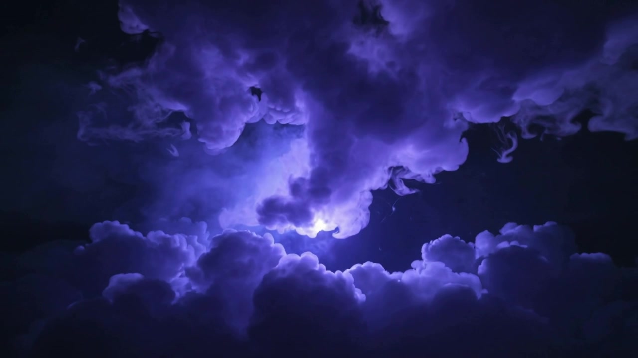 Un bagliore blu appare sopra un bagliore centrale, nuvole viola scendono verso la luce nel cielo notturno.