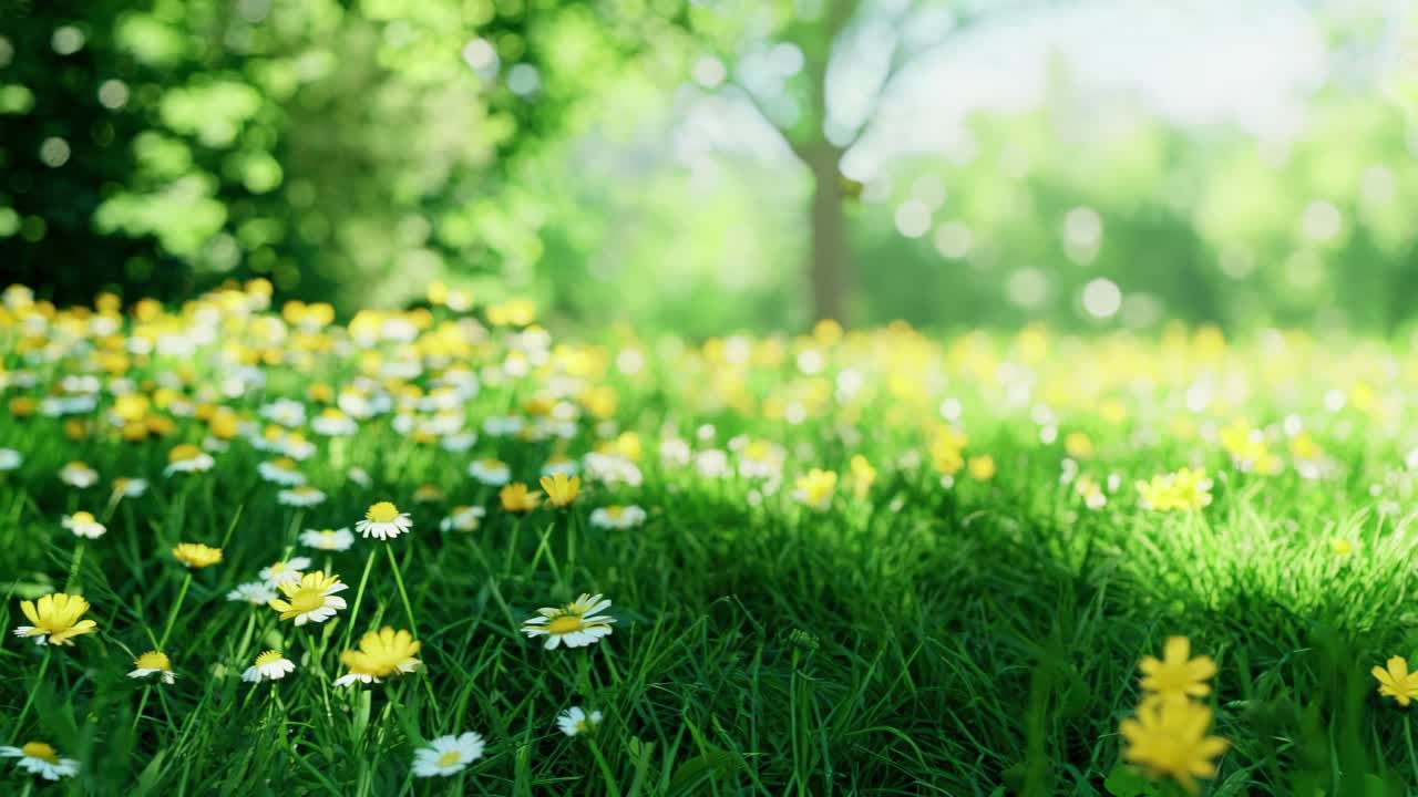 A serene video scene of a meadow with daisies in focus