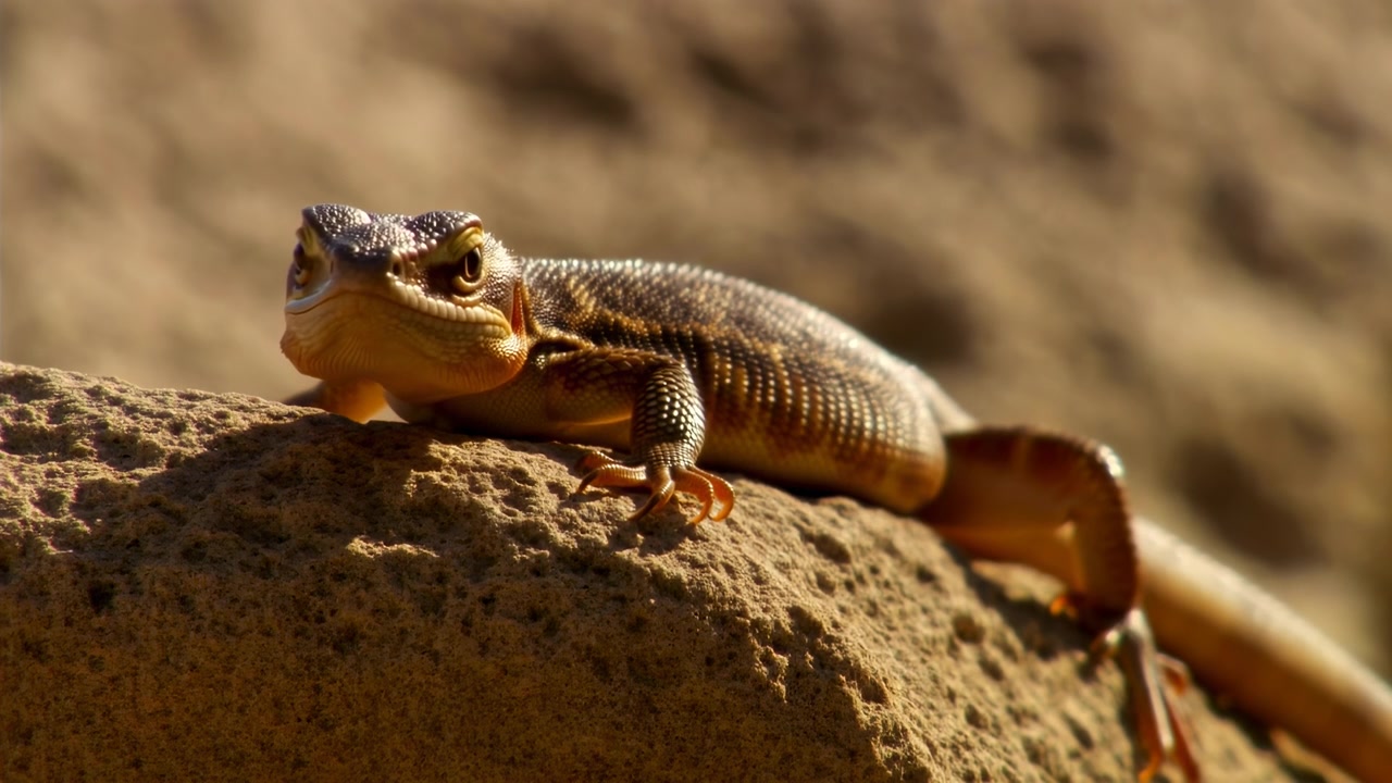 Close view follows lizard staying low on rough stone as its head shifts from side to front, warm golden light revealing patterned scales and shallow-focus rocky surroundings.