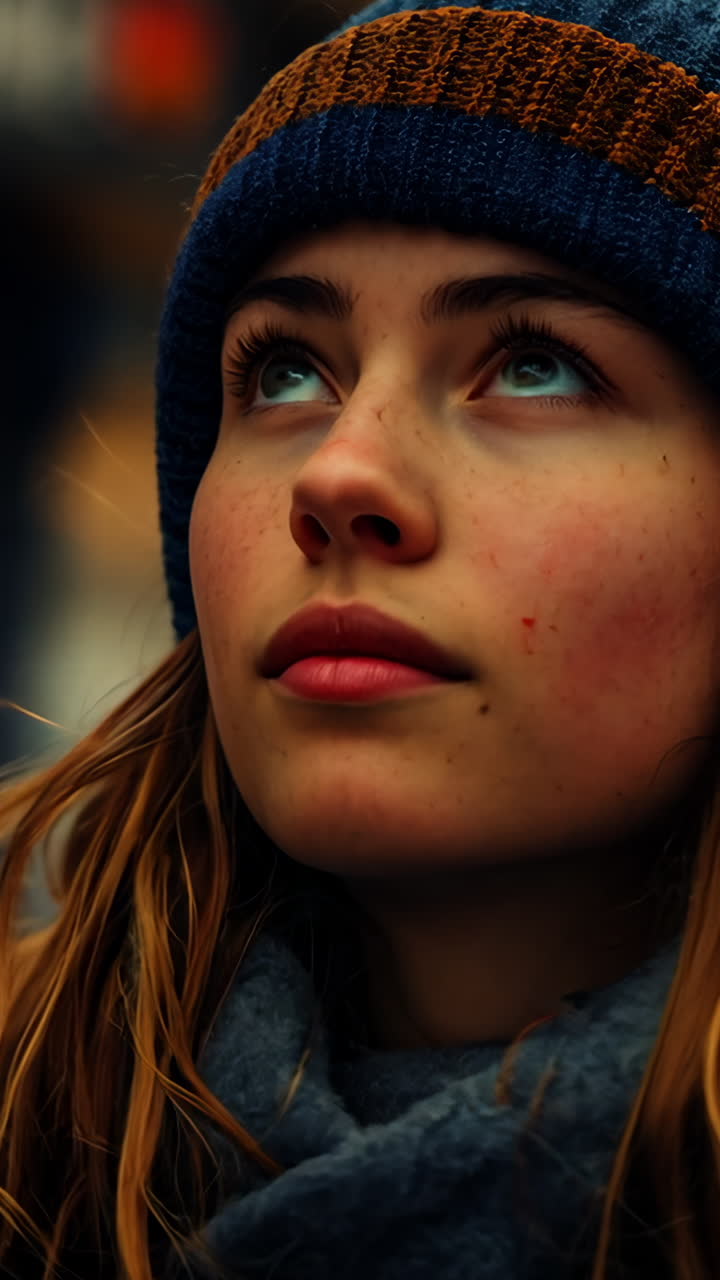 Young Woman Enjoys Stroll in City Market in Winter Afternoon. A young woman walks through a bustling city market on a winter afternoon
