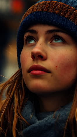 young woman enjoys stroll in city market in winter afternoon. a young woman walks through a bustling city market on a winter afternoon