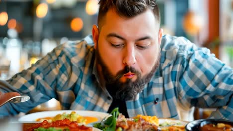 a man sitting at a table with a plate of food