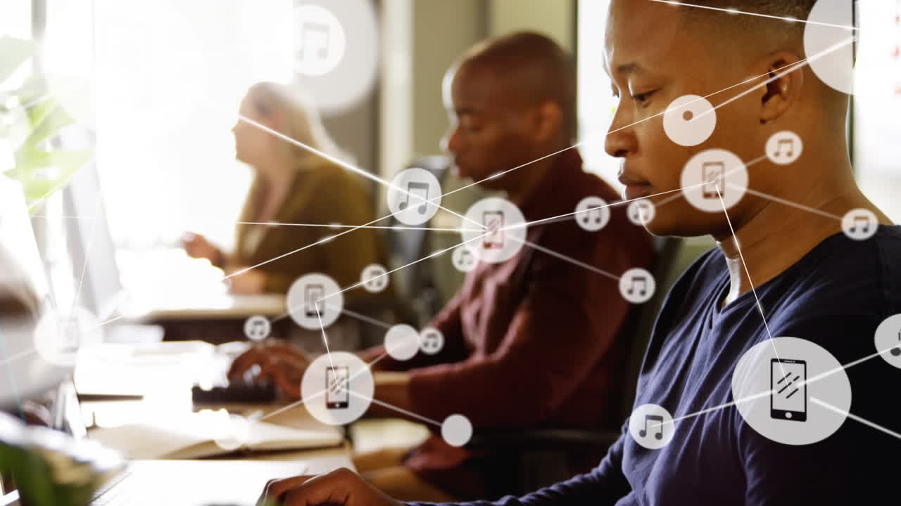 Animation of network of connections with icons over diverse business people in office