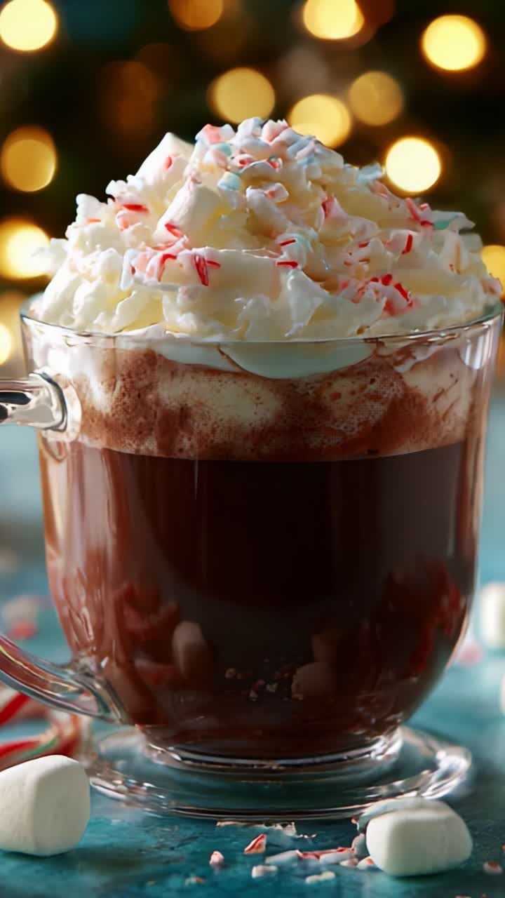 A Festive Hot Chocolate with Whipped Cream and Peppermint Pieces, Perfect for Holiday Celebrations, Surrounded by a Cozy Atmosphere of Bright Lights and a Warm Ambiance, Ideal for Cold Winter Nights