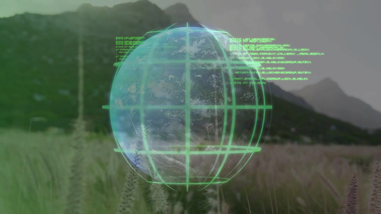 Holographic globe appearing over meadow, grid brightening, rotating and streaming code showing data