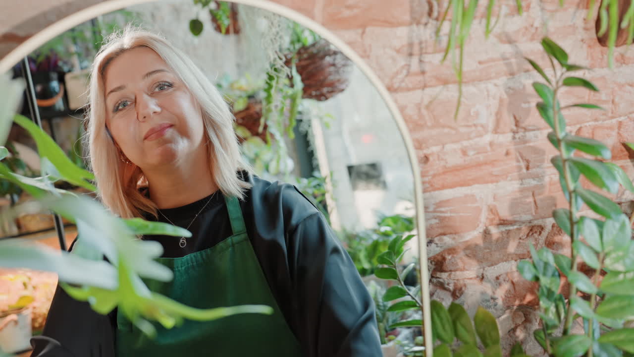Florista limpiando un espejo junto a plantas en el interior de una boutique con espejo circular y pared de ladrillo, delantal verde, limpiando el cristal con un paño, arreglando follaje para exhibición, cálida luz natural, reflectante.