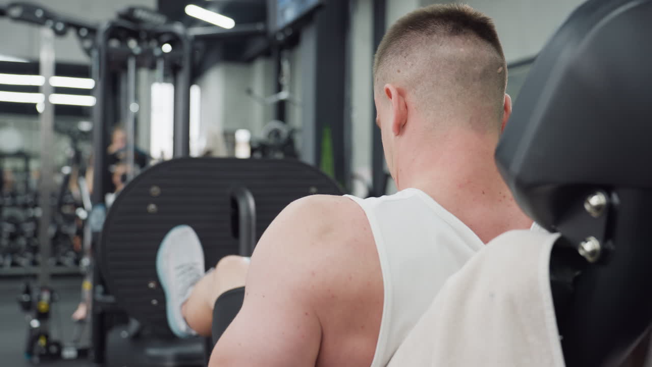 Gym enthusiast works out on leg press machine, pushing foot plate to engage quadriceps and glutes under bright gym lights, with blurred silhouettes of other people training in background