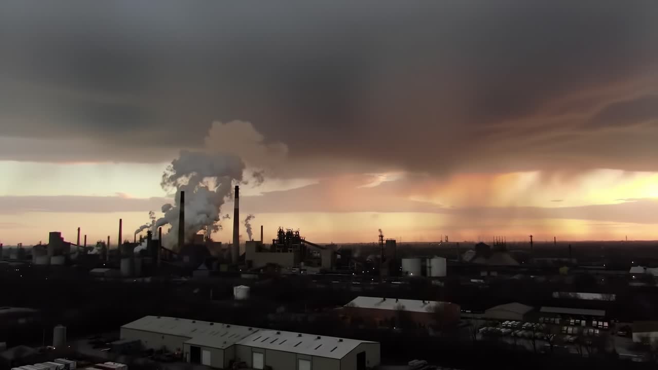 Aerial View of an Industrial Landscape at Dusk with Smokestacks Emitting Vapor and Dramatic Cloud Cover Reflecting Colors from the Setting Sun
