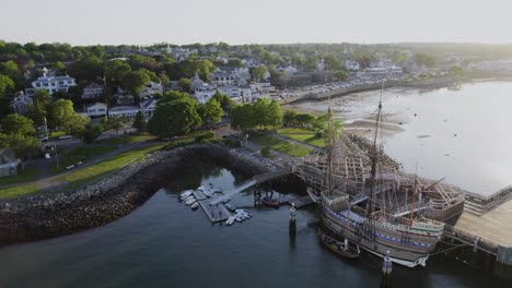 aerial view of the mayflower ii 17th century ship docked at the town of plymouth, massachusetts, usa