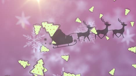 Animation-Des-Weihnachtsmanns-Im-Schlitten-Mit-Rentieren,-Der-Sich-über-Fallenden-Schnee-Bewegt