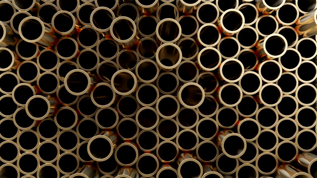 ilustración en 3d. pared de tubos de bronce ubicados al azar