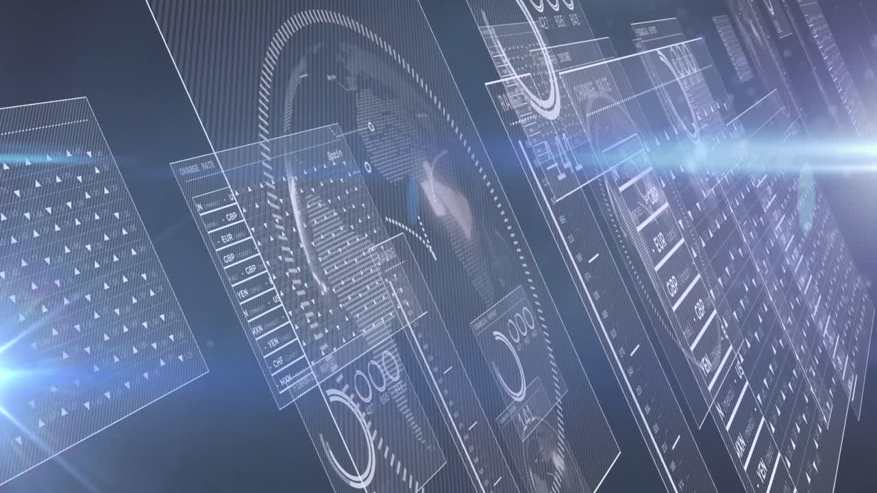 데이터 처리의 애니메이션과 검은 바탕에 빛의 반점이 있습니다.